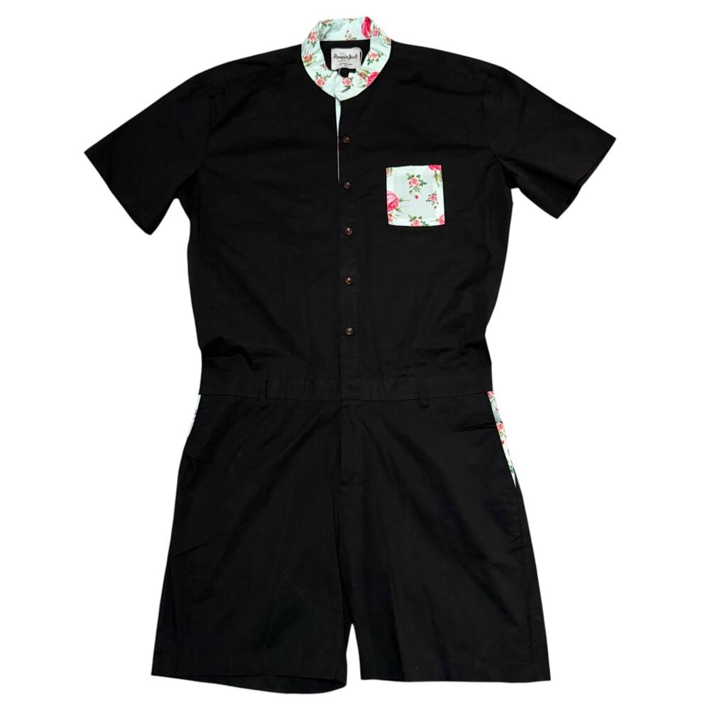 RomperJack Short Sleeve Romper Floral Trim Band Collar Button Up One Piece XXL